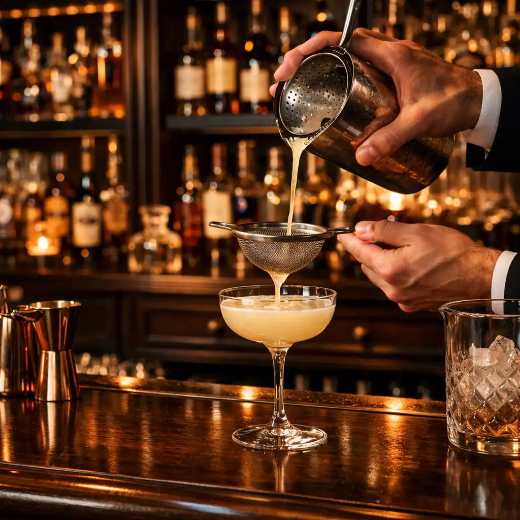 Elegancki bar z ciemnego drewna z podświetlanymi półkami, butelkami premium i kryształowymi kieliszkami