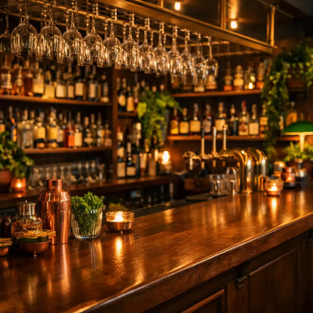 Bar klubowy z drewnianą ladą, półkami z butelkami i mosiężnymi detalami
