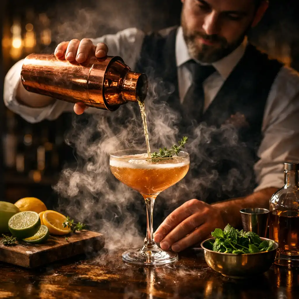 Barman przygotowujący autorski koktajl w miedzianym shakerze, z ziołami i cytrusami, w nastrojowym barze