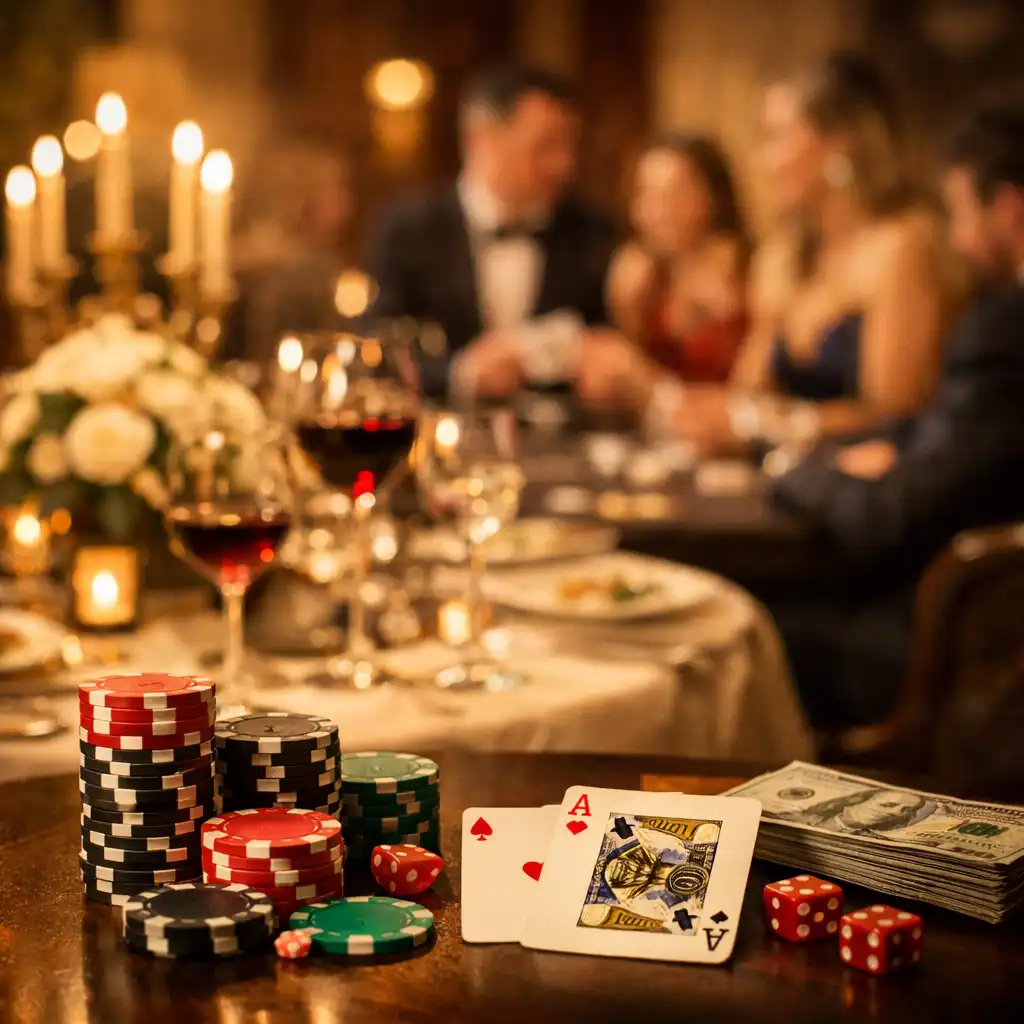 Elegancki stół obiadowy przechodzący w stół pokerowy z żetonami i kartami, w luksusowym wnętrzu