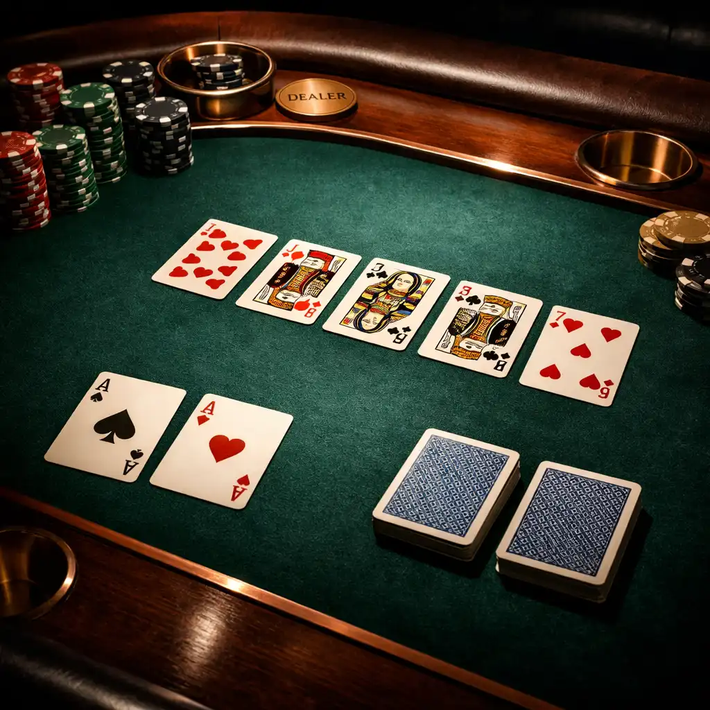 Zbliżenie profesjonalnego stołu pokerowego z filcową powierzchnią, żetonami i kartami, w dramatycznym oświetleniu