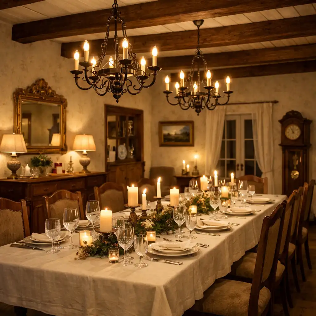 Elegancka sala jadalna Domu Przy Stole z długim dębowym stołem, lnianym obrusem i ciepłym światłem świec