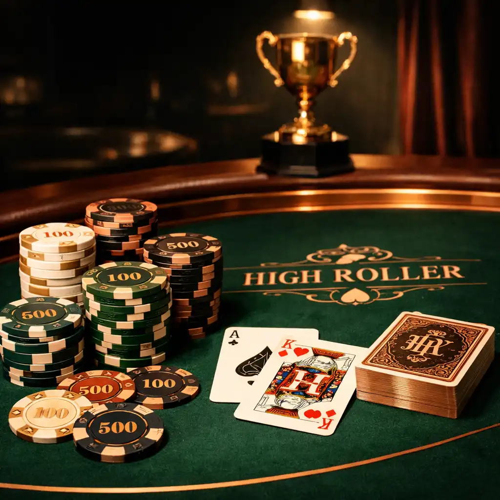 Ekskluzywny stół high roller z profesjonalnymi żetonami i talią kart w Domu Przy Stole