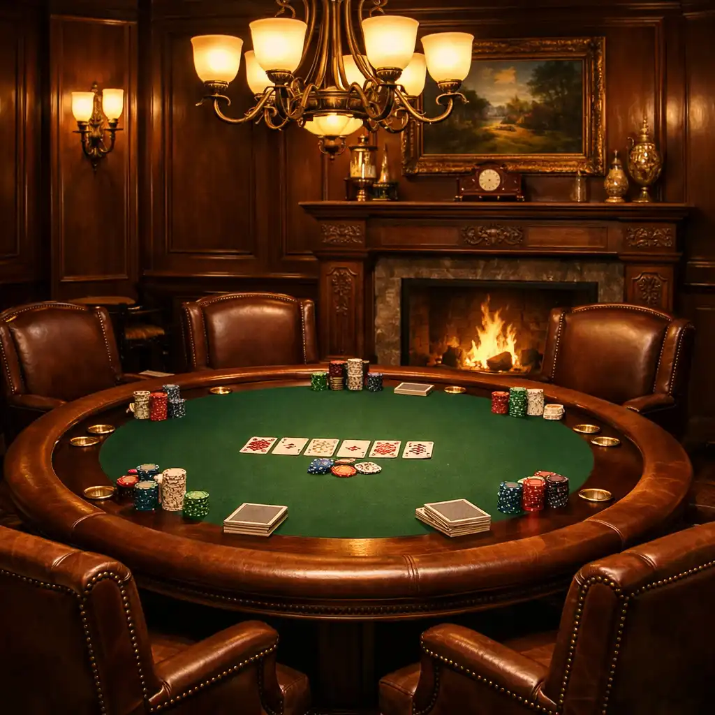 Wnętrze kameralnego salonu pokera offline w Domu Przy Stole z profesjonalnym stołem do Texas Hold'em