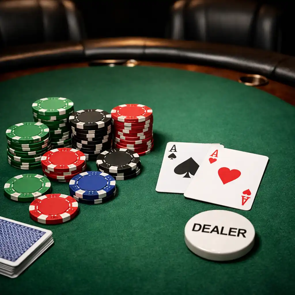 Profesjonalny stół pokerowy z zielonym suknem, żetonami, kartami i skórzanymi fotelami w kameralnym oświetleniu