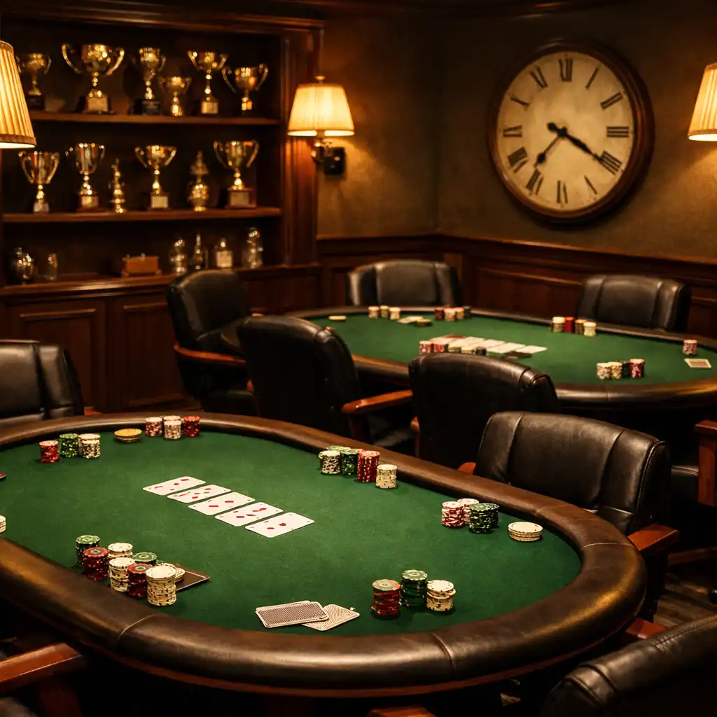 Kameralny salon pokerowy z dwoma stołami, skórzanymi fotelami i półką z trofeami
