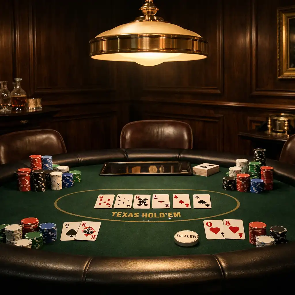 Prywatny salon pokera offline z profesjonalnym stołem do Texas Hold'em i zielonym filcem