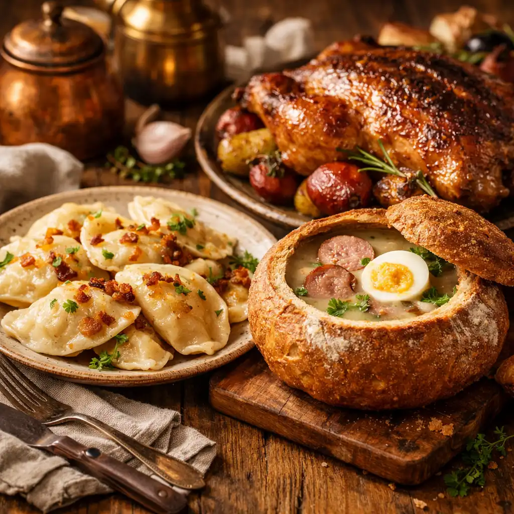 Tradycyjne polskie dania na rustykalnym drewnianym stole: pierogi, żurek w chlebie i pieczona kaczka z ziołami